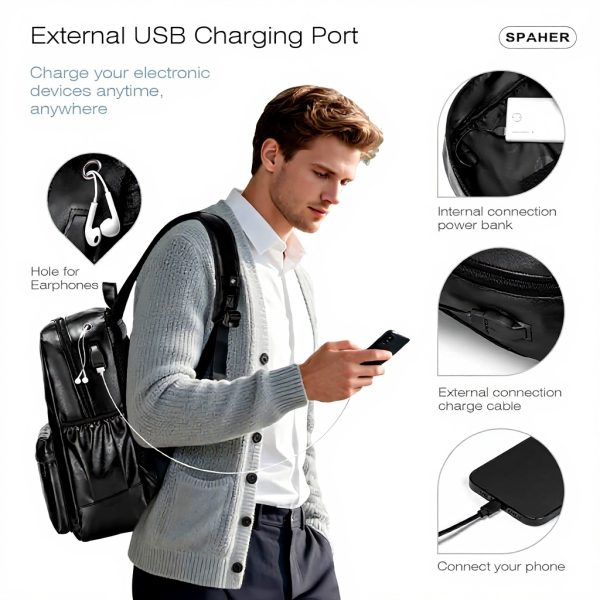 Sac à dos cabine SPAHER 40x30x20 cuir USB voyage unisexe