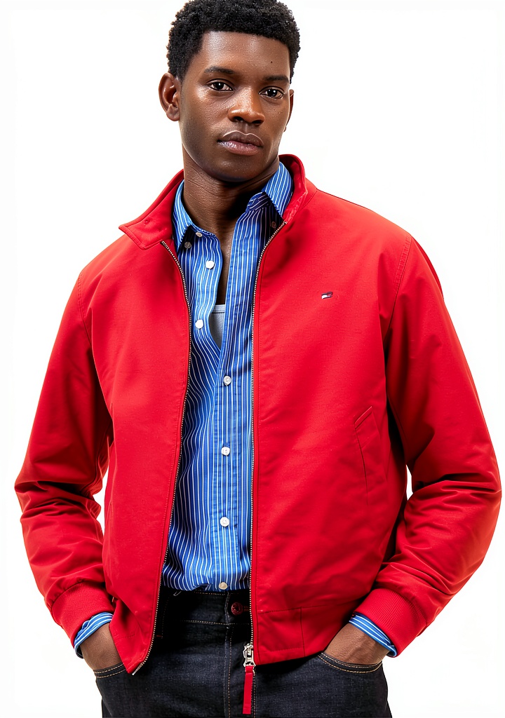 Blouson Tommy Hilfiger porté en extérieur, montrant la coupe et les détails