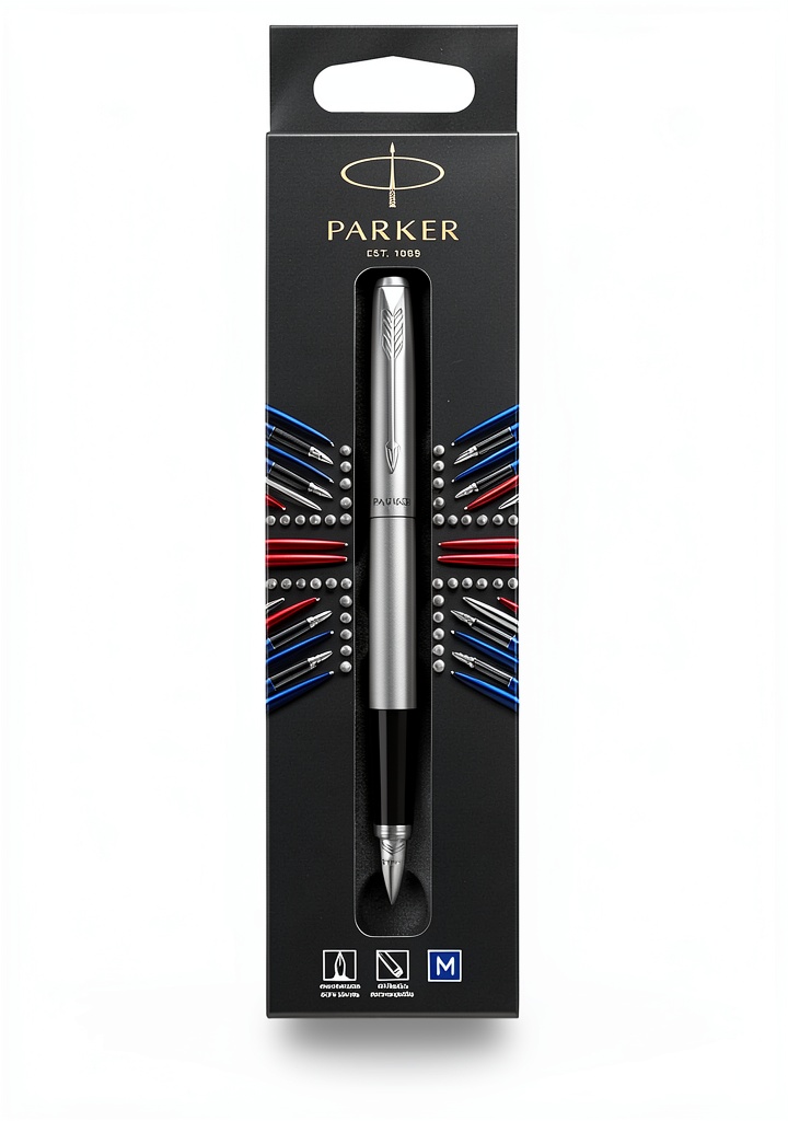 Stylo plume Parker Jotter en acier inoxydable bleu sur un bureau